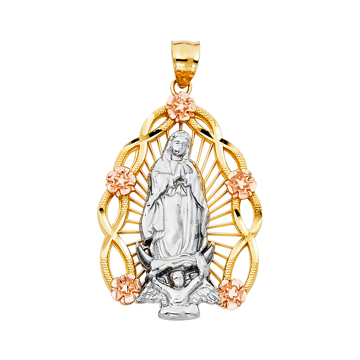 14K Tri Color Yellow Rose White Gold Religious Guadalupe Pendant - 37 mm x 27 mm