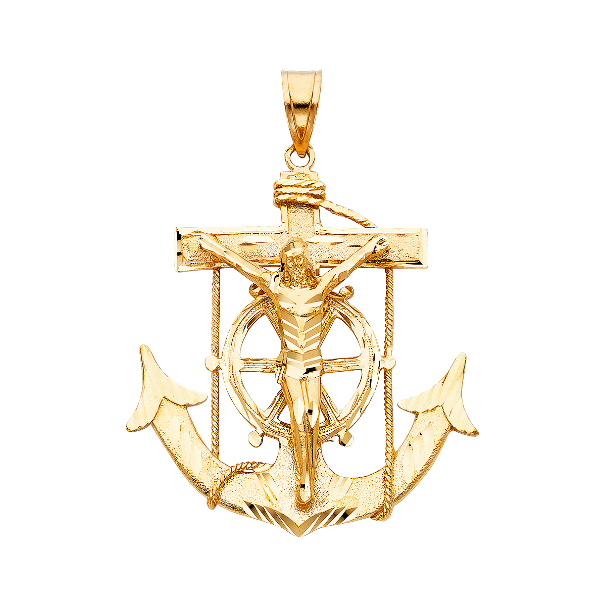 14K Yellow Gold Mariner Religious Crucifix Pendant- 66 mm X 63 mm