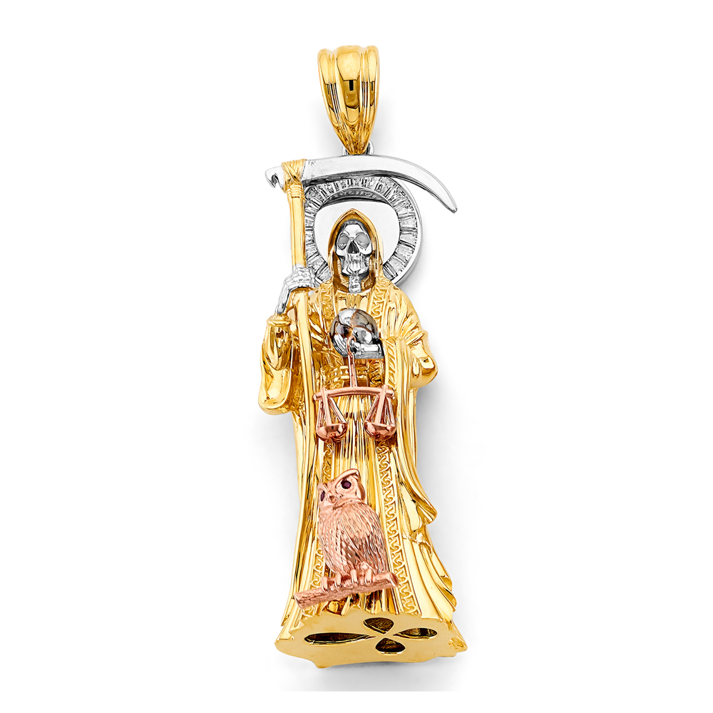 14K Tri Color Gold Cubic zirconia Santa Muerte 3D Pendant