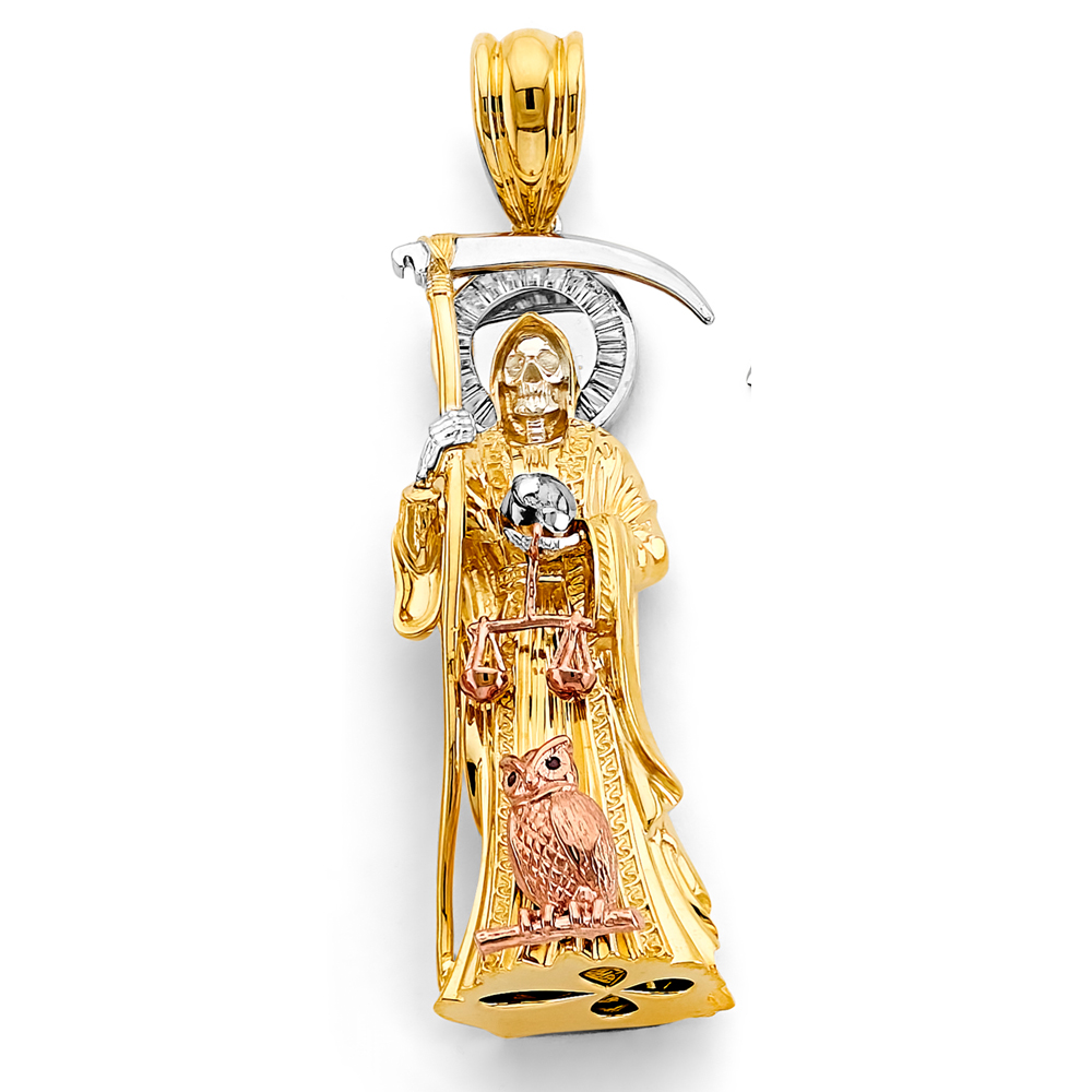 14K Tri Color Gold Cubic zirconia Santa Muerte 3D Pendant