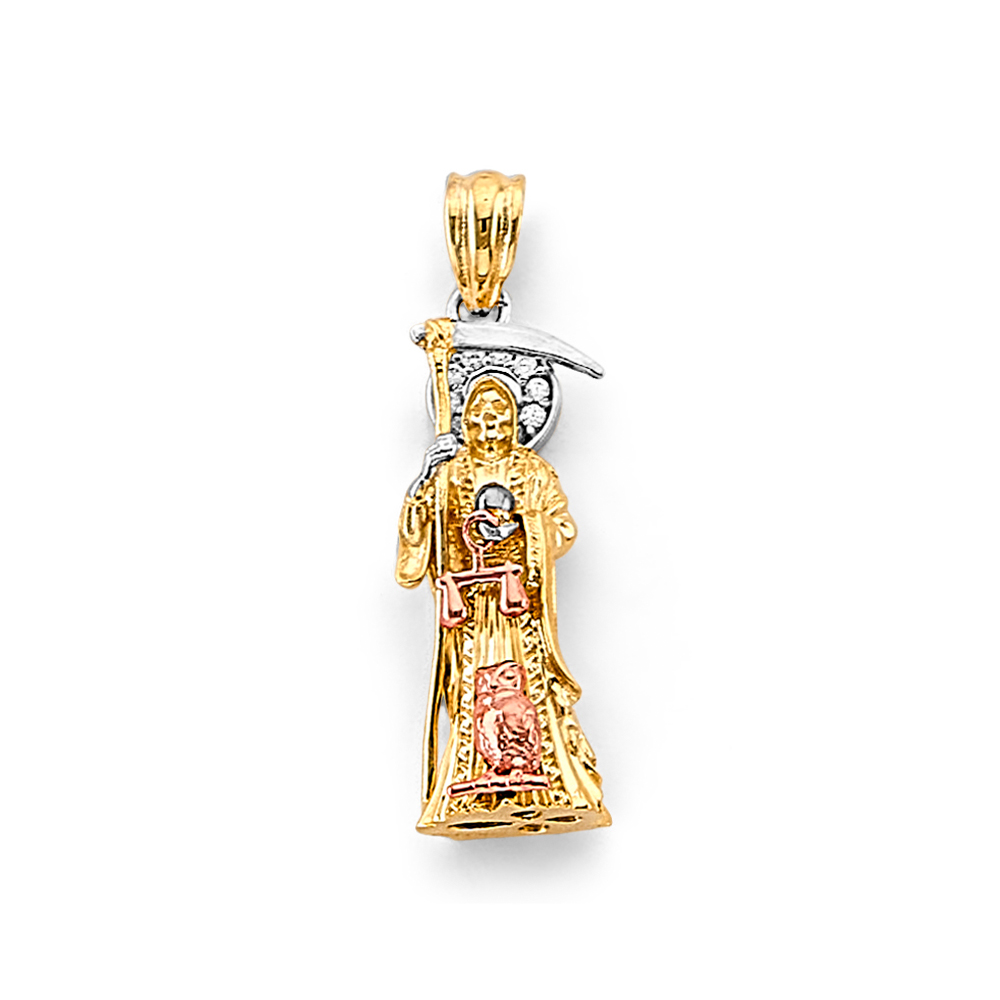14K Tri Color Gold Cubic zirconia 3D Santa Muerte Pendant