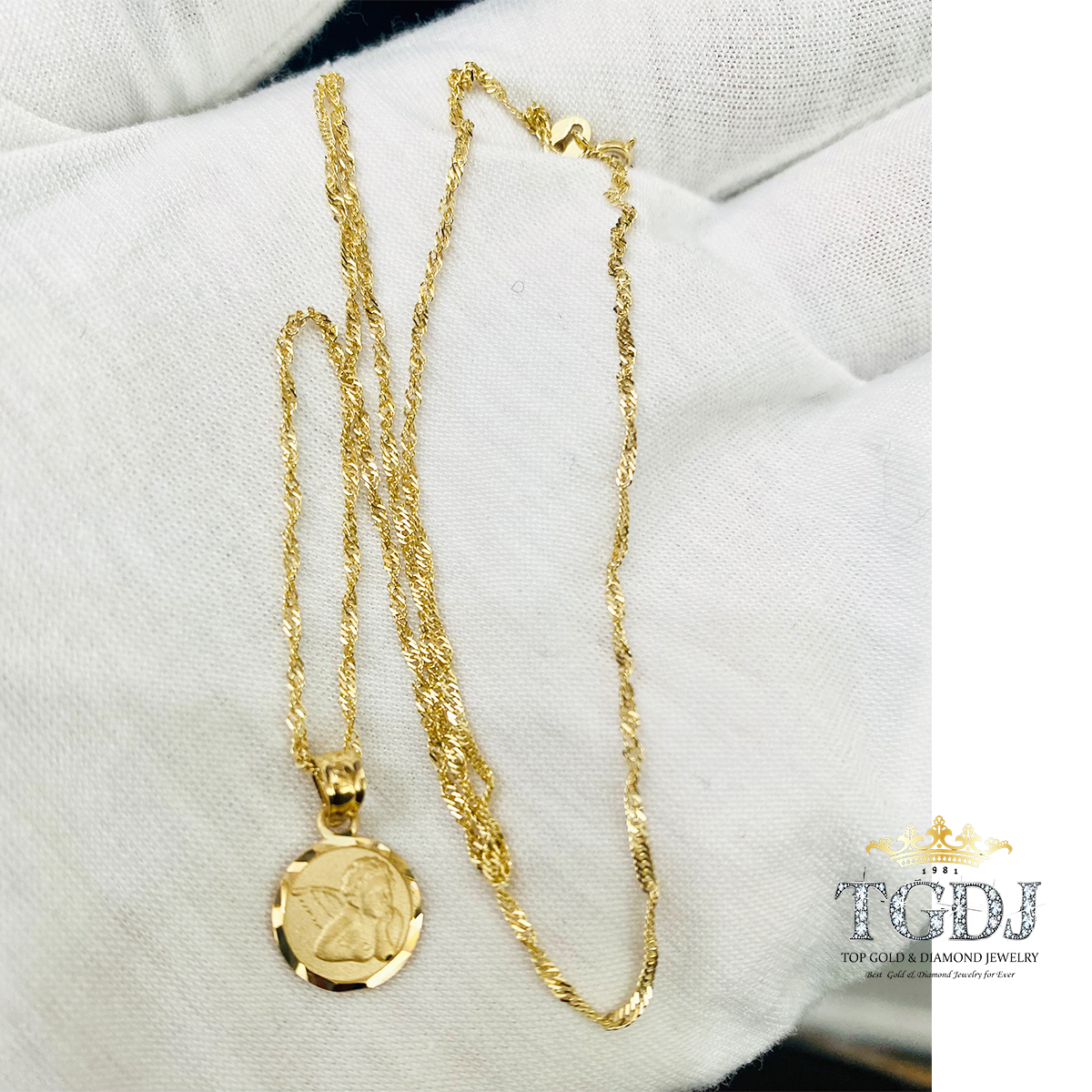14K Yellow Gold 1.2mm Singapore Chain With 14K Yellow Gold Angel Pendant 20''