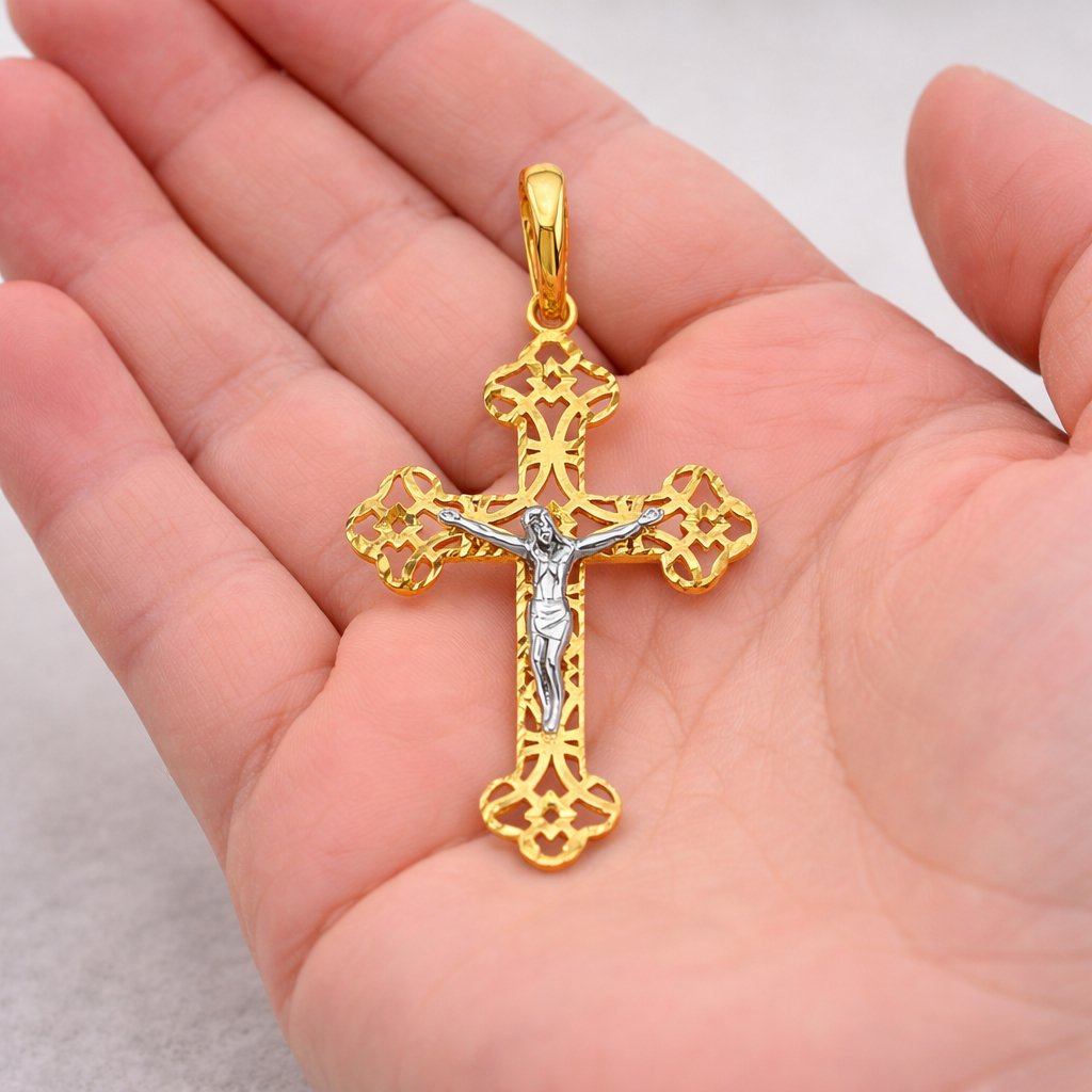 14K Two Tone Gold Crucufix Cross Pendant