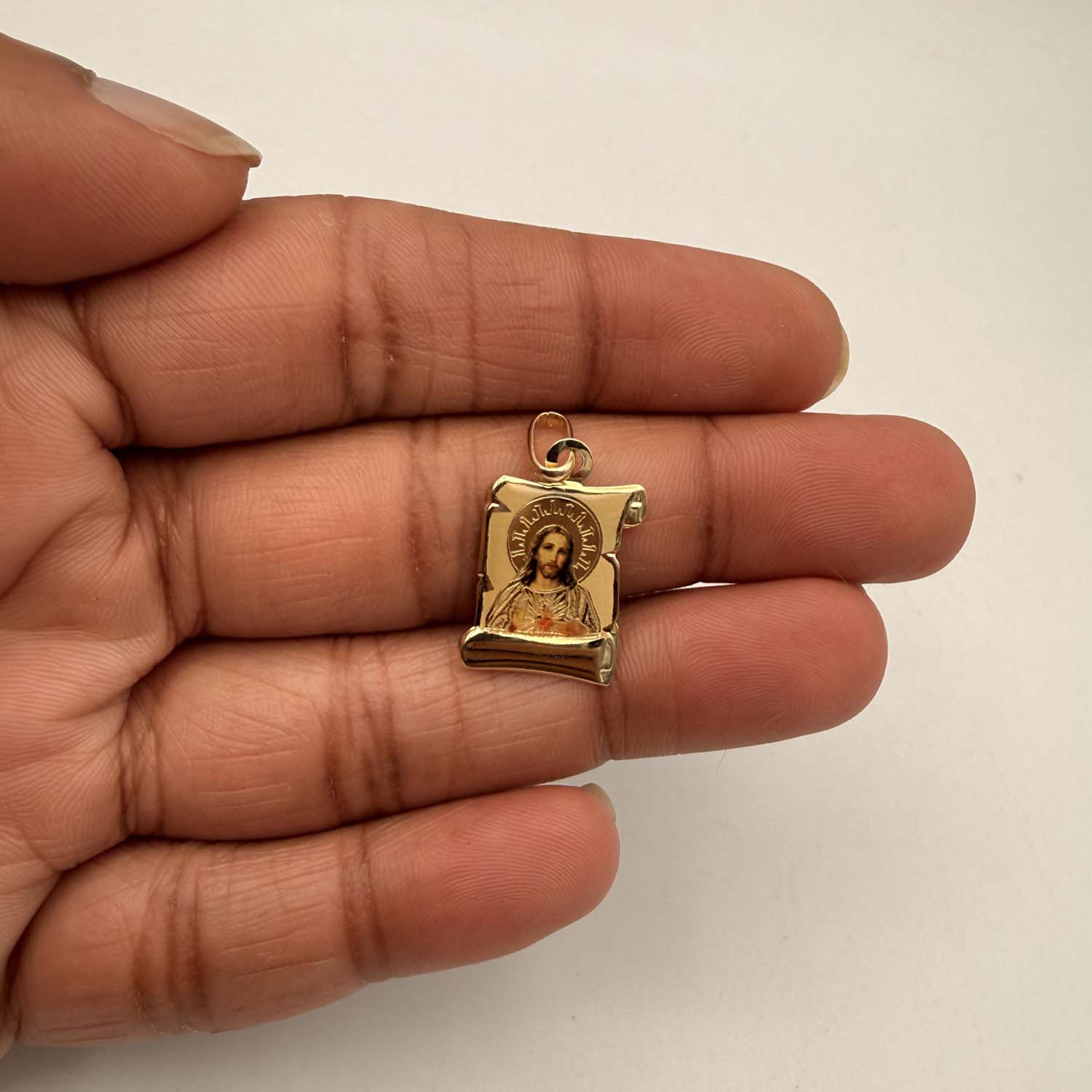 14K Yellow Gold SAC Red Heart of Jesus Picture Pendant