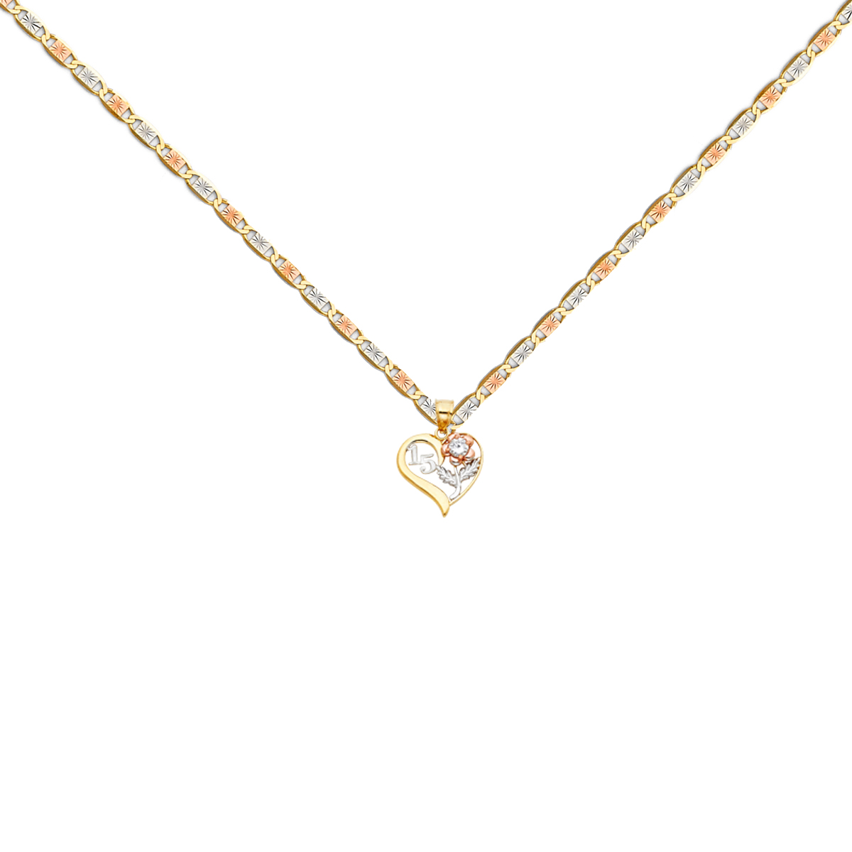 14K Tri Color Gold 15 Years Heart Pendant with 14K Tri Color Gold 1.5mm Valentono Chain -18 Inch