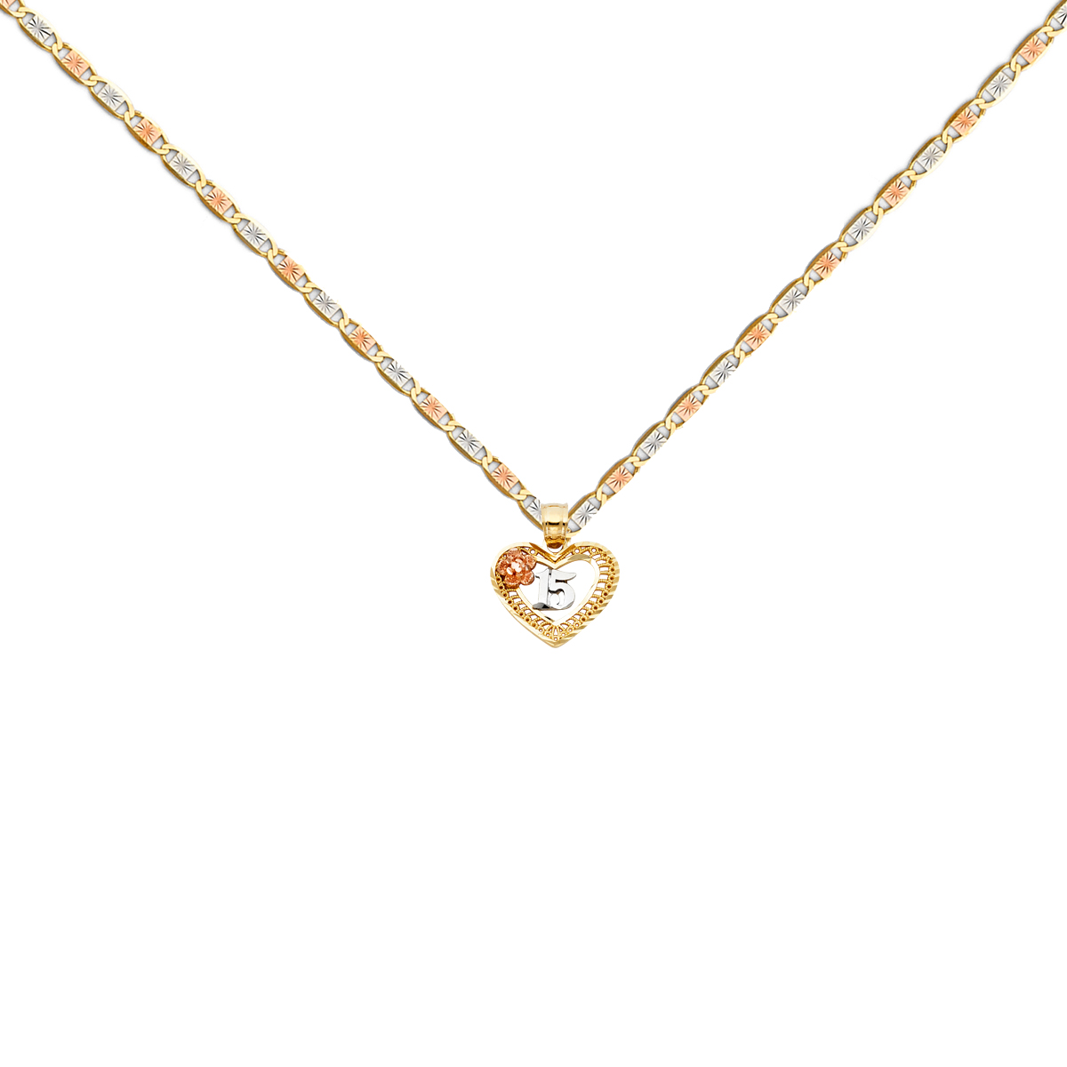 14K Tri Color Gold 15 Years Heart Pendant with 14K Tri Color Gold 1.5mm Valentono Chain -18 Inch