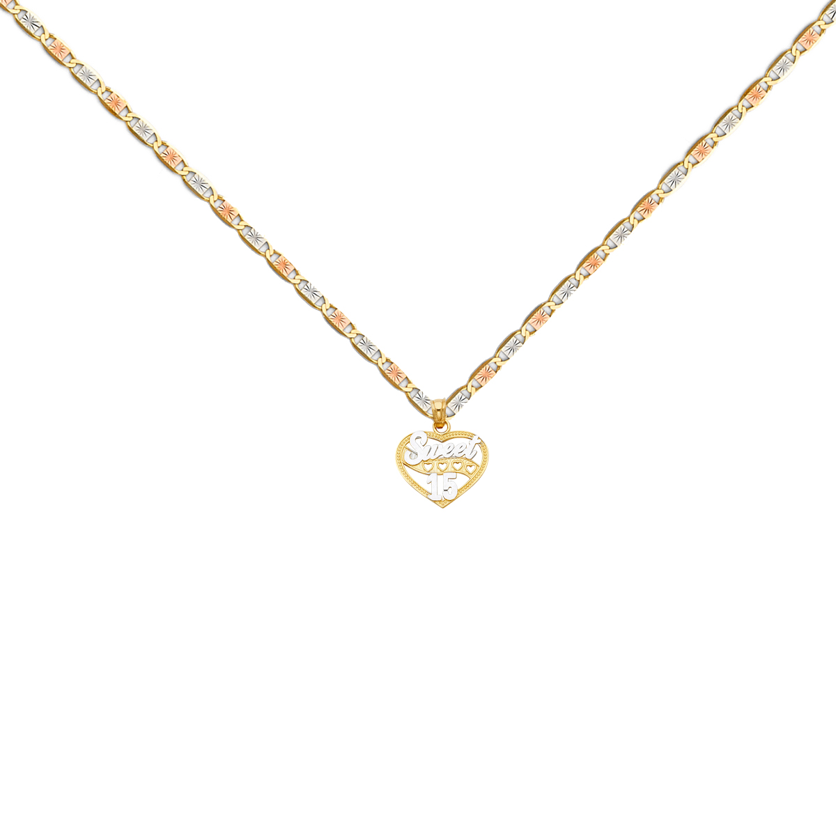 14K Two Tone Gold 15 Years Heart Pendant with 14K Tri Color Gold 1.5mm Valentono Chain -18 Inch