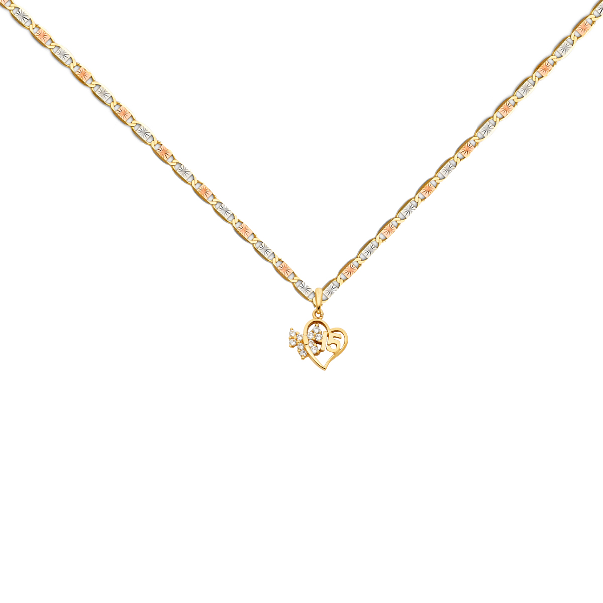 14K Yellow Gold 15 Years Heart Pendant with 14K Tri Color Gold 1.5mm Valentono Chain - 18Inch