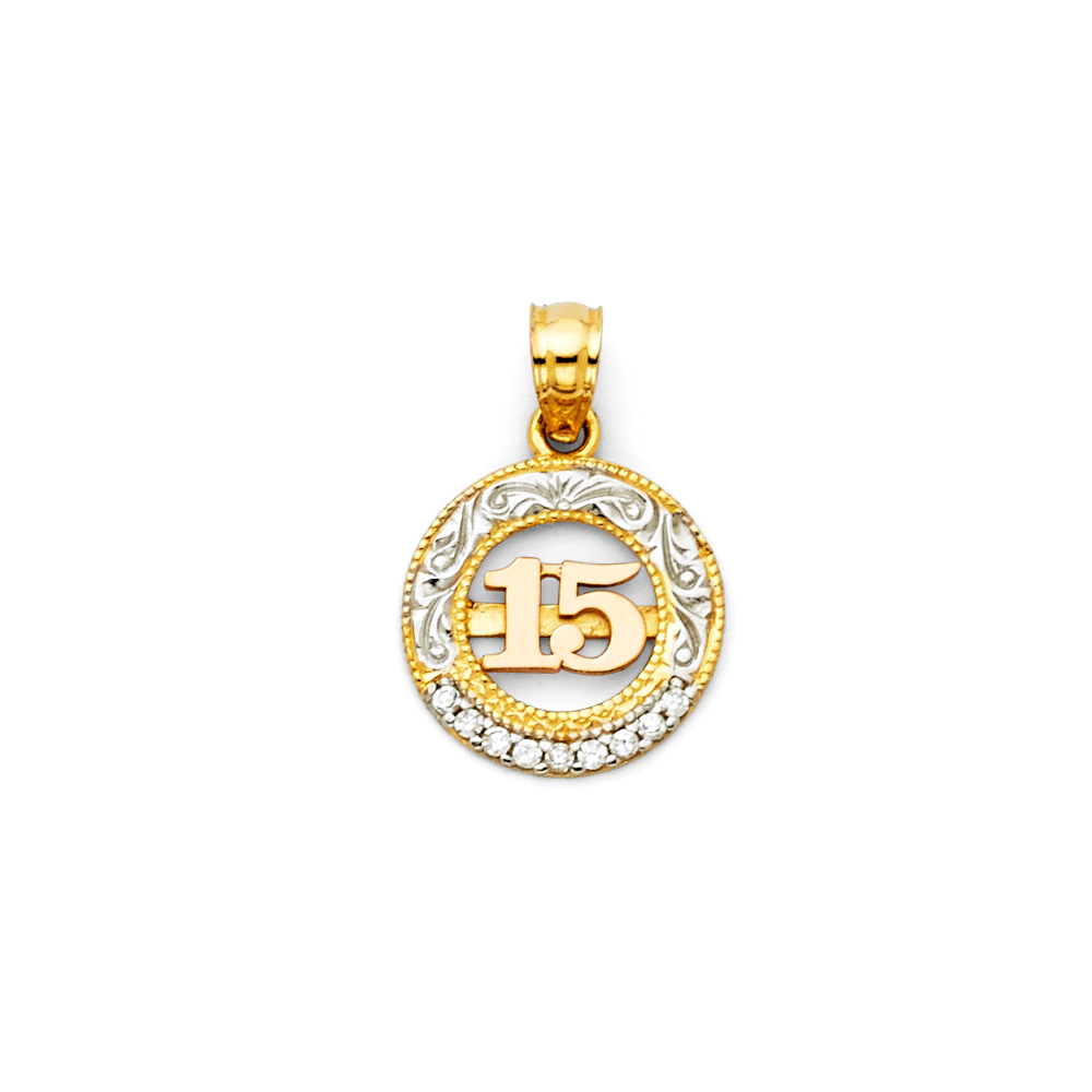 14K Tri Color Gold Sweet 15 Years Quinceañera Pendant