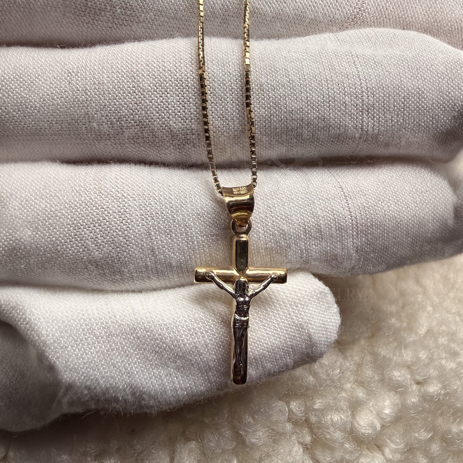 14K Two Tone Gold Hollow Round Tube Crucufix Pendant With Yellow Gold 0.8mm Box Chain - 18 Inch