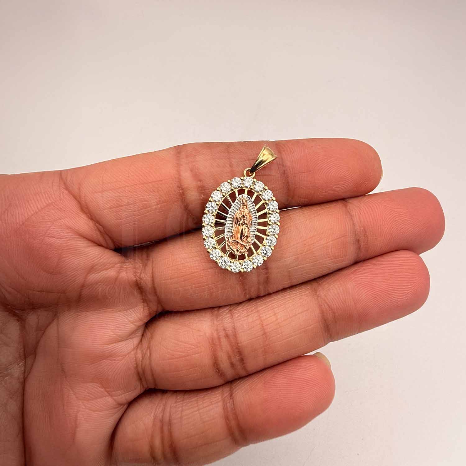 14K Tri Color Gold Cubic zirconia Our Lady of Guadalupe Pendant