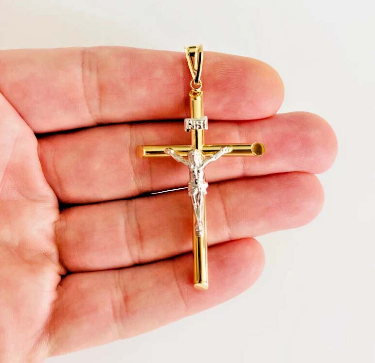 14K Two Tone Gold Hollow Round Tube Crucufix