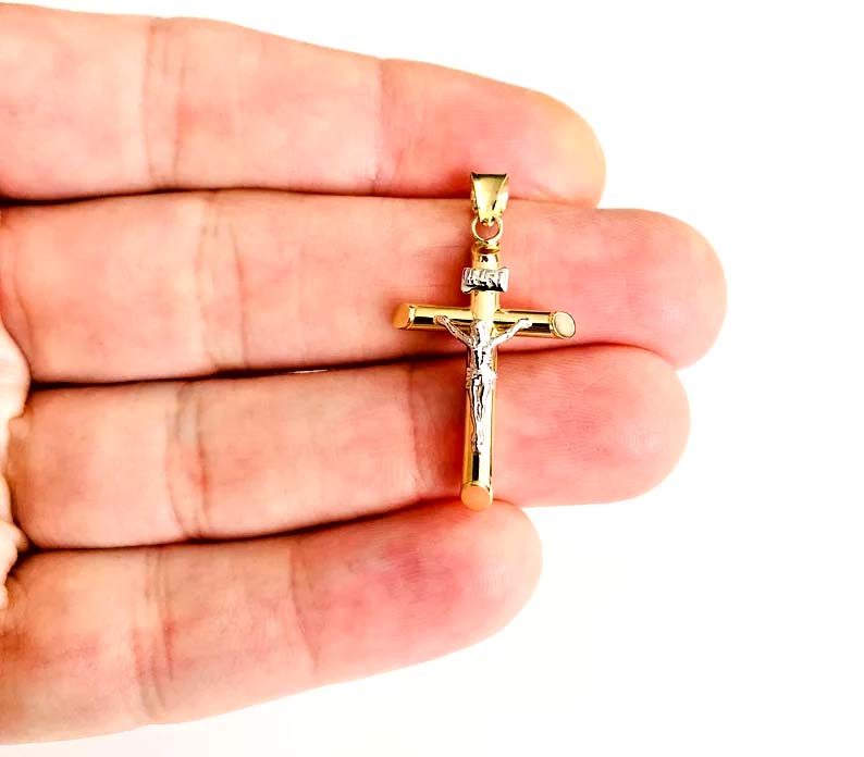 14K Two Tone Gold Hollow Polish Crucufix