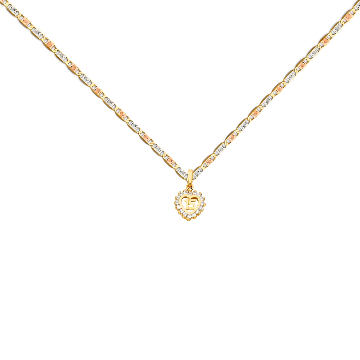 14K Yellow Gold 15 Years Heart Pendant with 14K Tri Color Gold 1.5mm Valentono Chain -16Inch