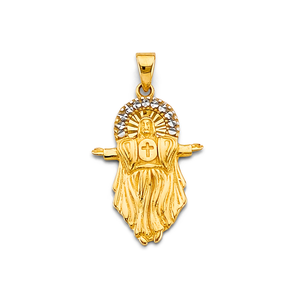 14K Two Tone Cubic zirconia Jesus Open Arms Pendant