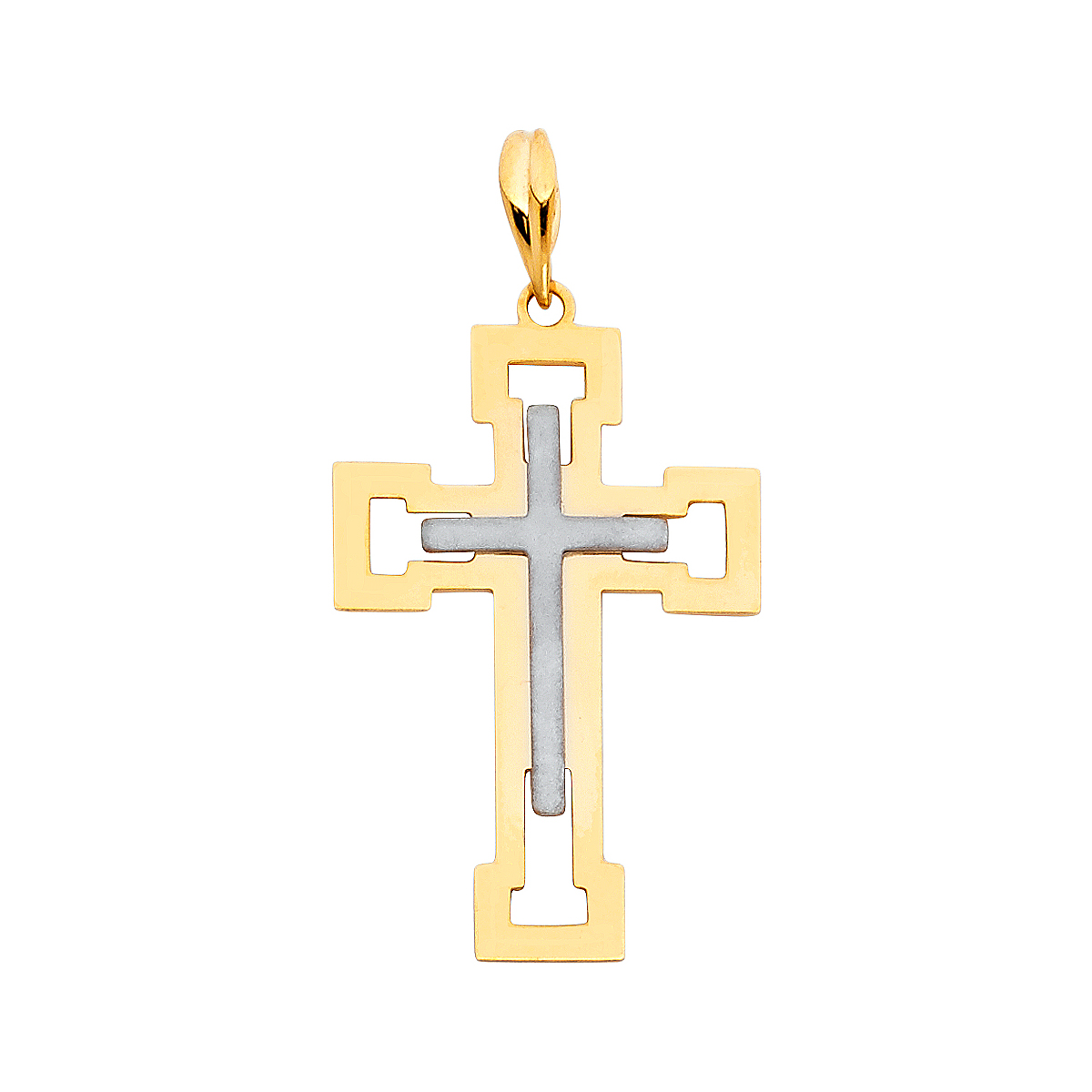 14K Two Tone Gold  Religious Cross Pendant - 31 mm X 21 mm