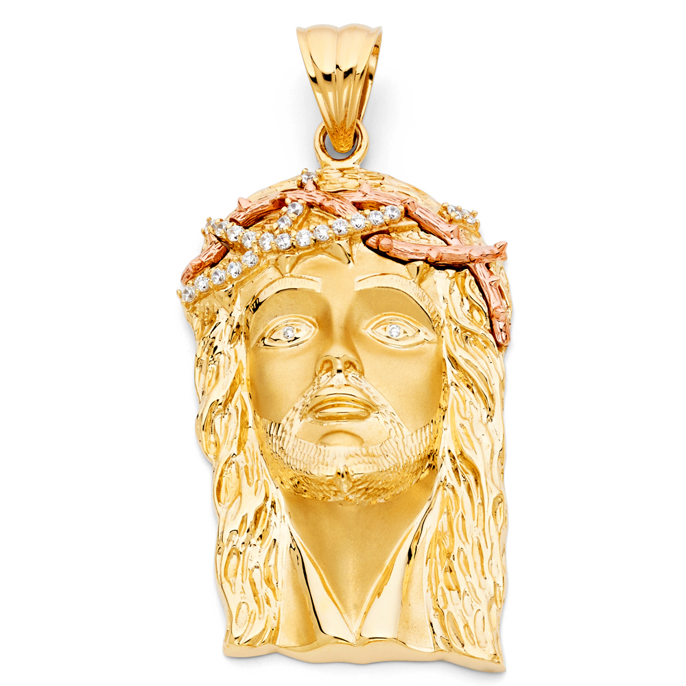 14K  Two Tone Gold Cubic zirconia Jesus Christ Head Pendant