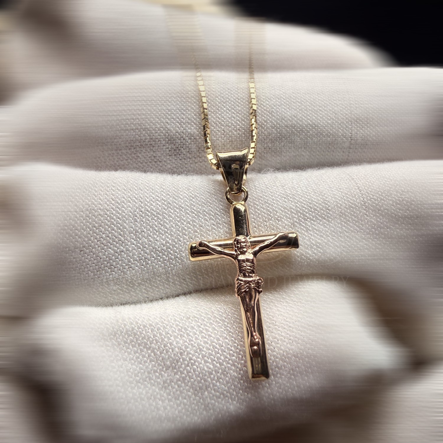 14K Two Tone Gold Crucufix Pendant With Yellow Gold 0.8mm Box Chain - 18 Inch