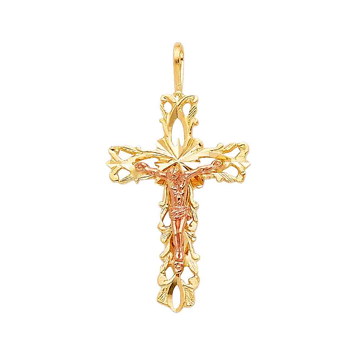 14K Two Tone Gold Religious Crucifix Pendant - 27 mm X 17 mm