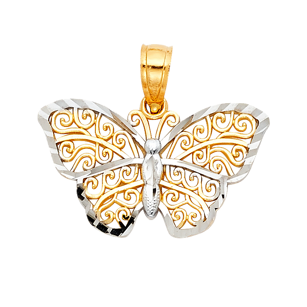 14K Two Tone White Yellow Gold Butterfly Pendant - 13 mm X 20 mm