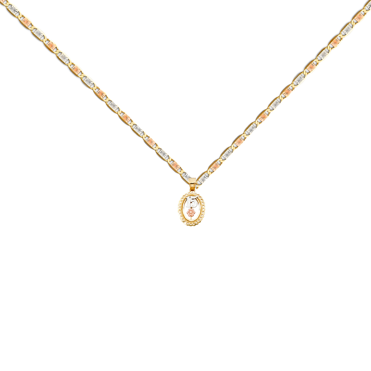 14K Tri Color Gold 15 Years Heart Pendant with 14K Tri Color Gold 1.5mm Valentono Chain - 18 Inch