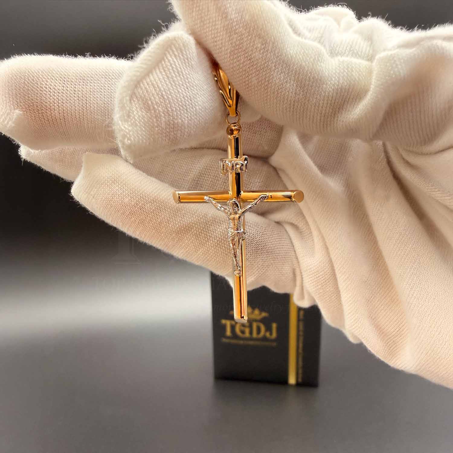 14K Two Tone Gold  Hollow Round Tube Crucufix