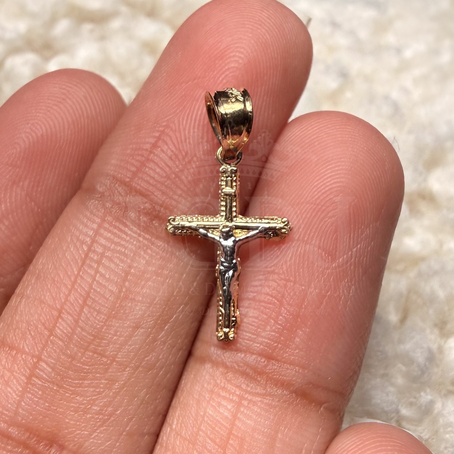14K Two Tone Gold Tiny Crucufix Pendant