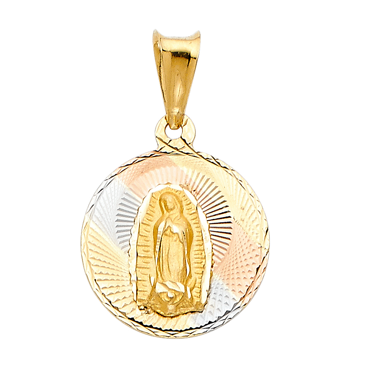14K Tri Color Yellow Rose White Gold Diamond cut Guadlupe Stamp Religious Pendant - 20 mm X 15 mm