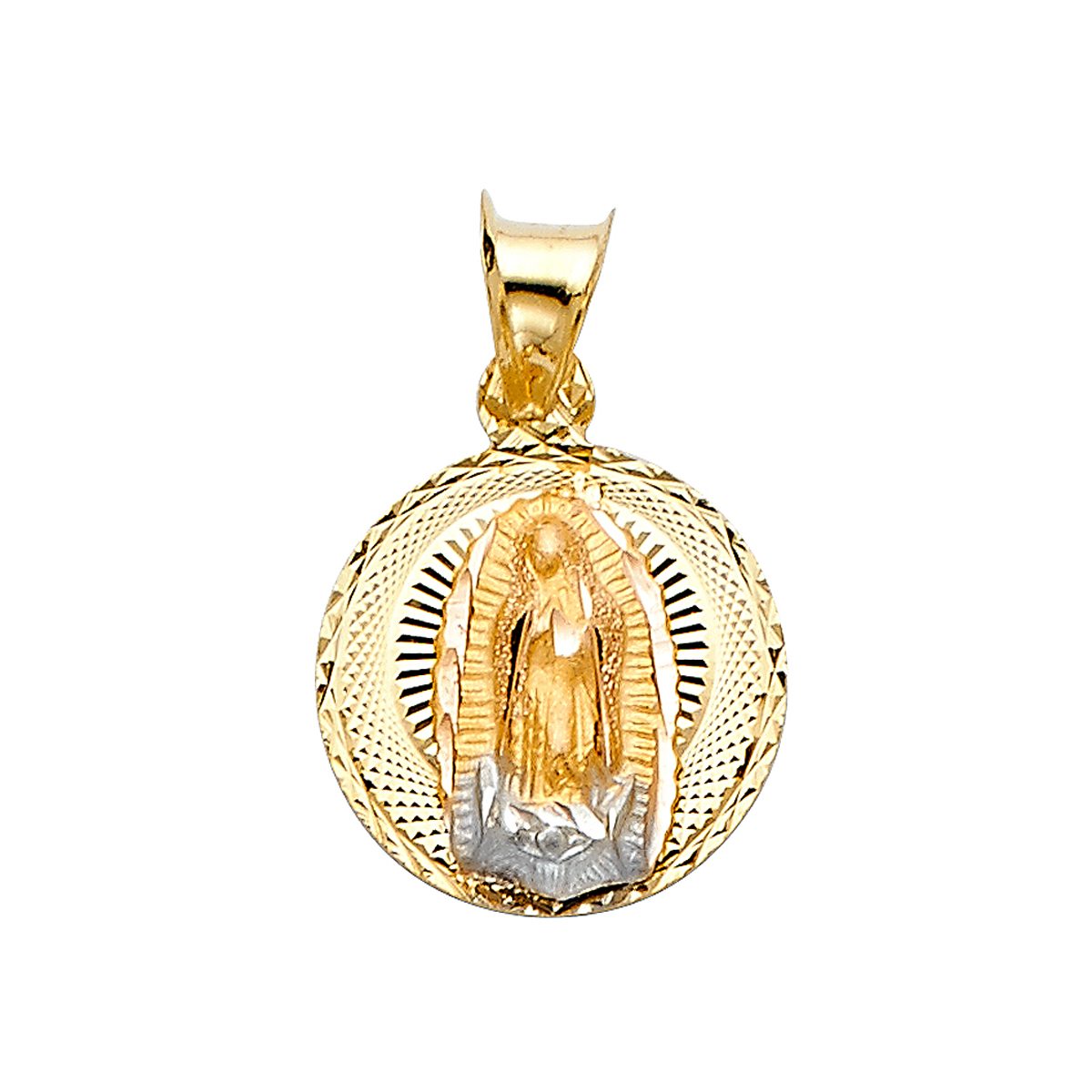 14K Tri Color Yellow Rose White Gold Diamond cut Guadlupe Stamp Religious Pendant - 15 mm X 12 mm