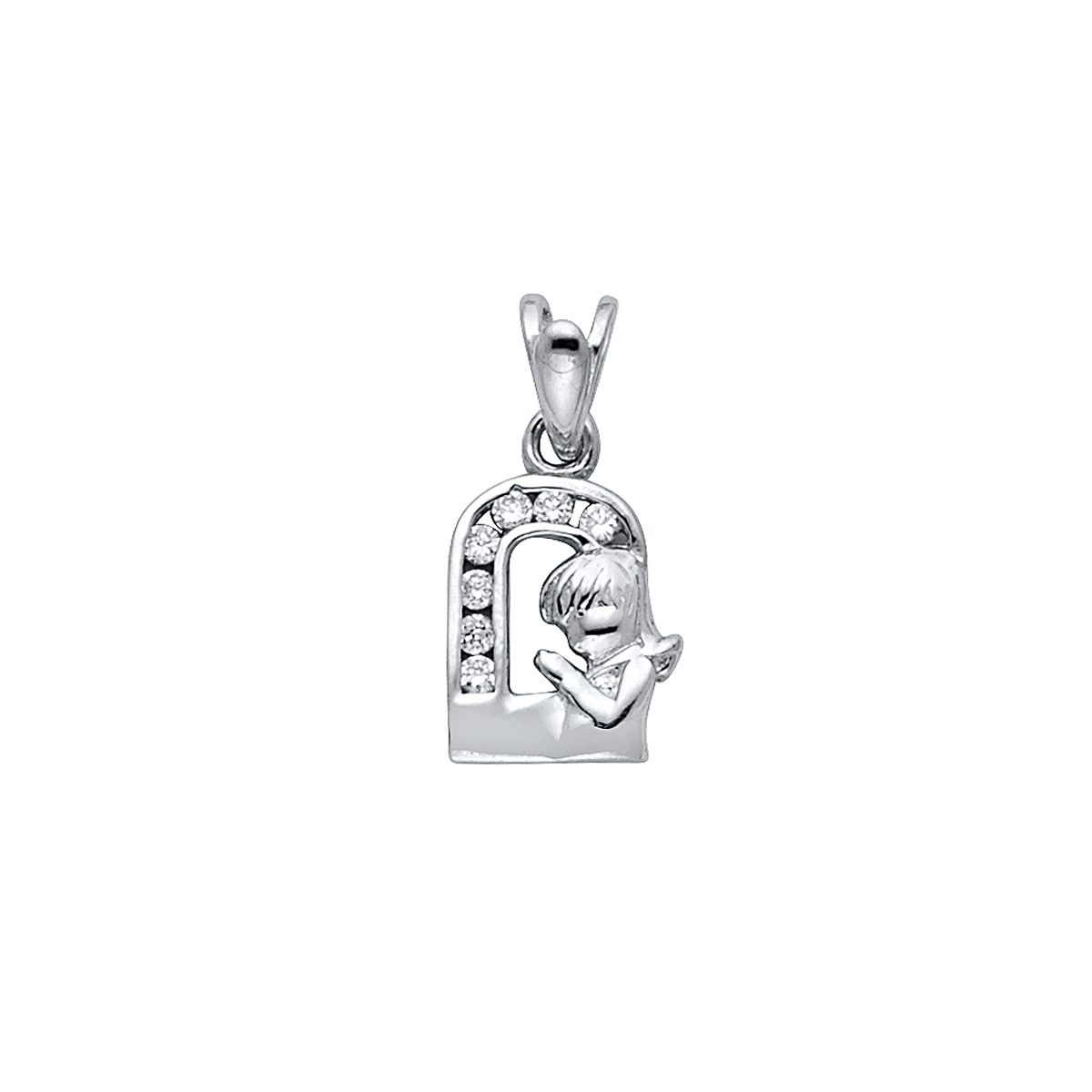 14K White Gold Cubic Zirconia Girl Prayer Religious Pendant - 13 mm X 08 mm