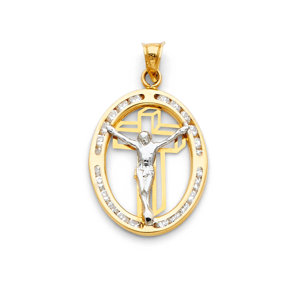 14K Two Tone Cubic zirconia Jesus Pendant