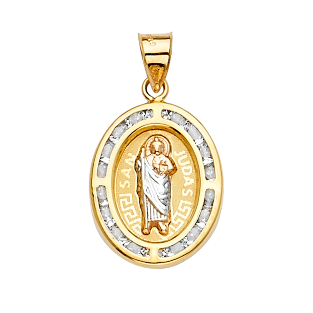 14K Tri Color Gold Cubic zirconia San Judas Medal Pendant