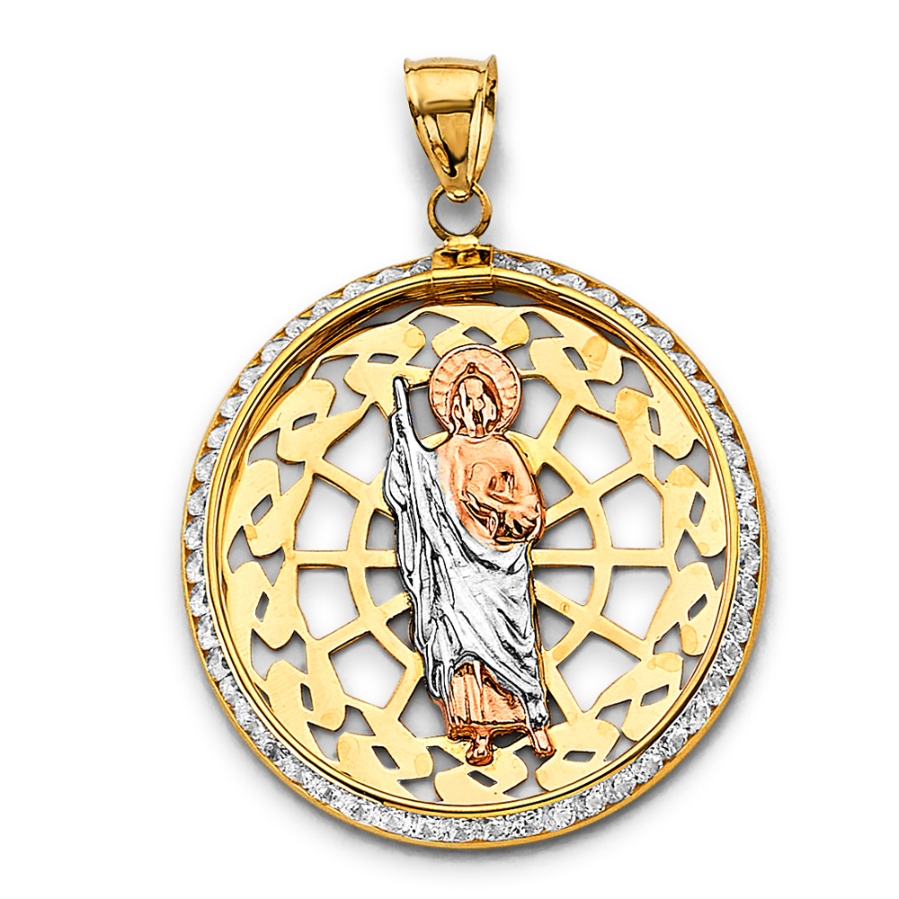 14K Tri Color Gold Cubic zirconia Round St. Jude Thaddeus Pendant