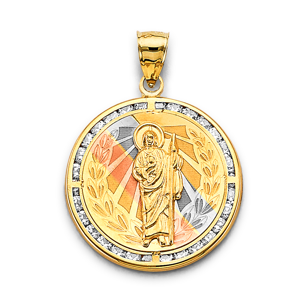 14K Tri Color Gold Cubic zirconia Crucufix Round St. Jude Thaddeus Pendant