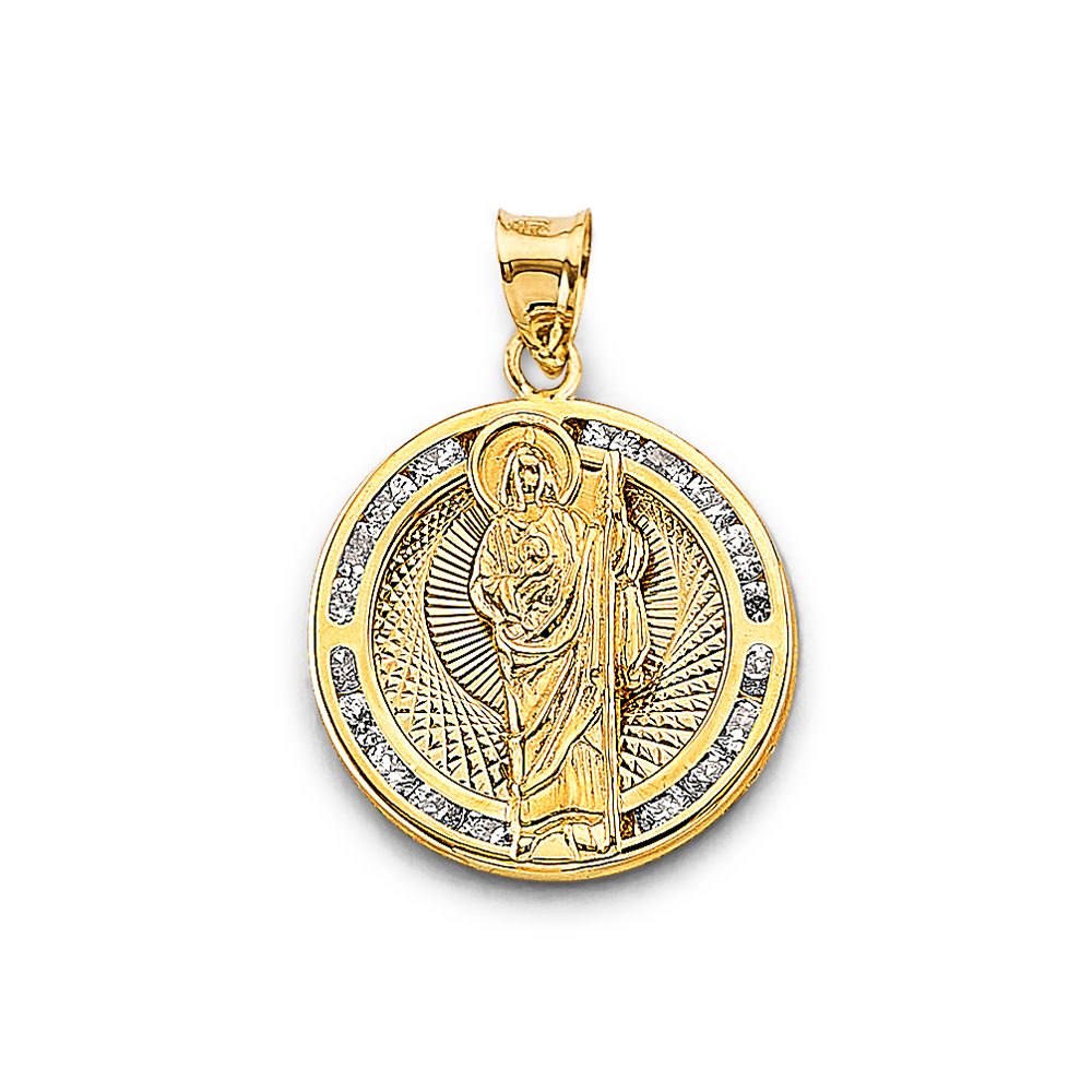 14K Two Tone Cubic zirconia Round St. Jude Thaddeus Pendant