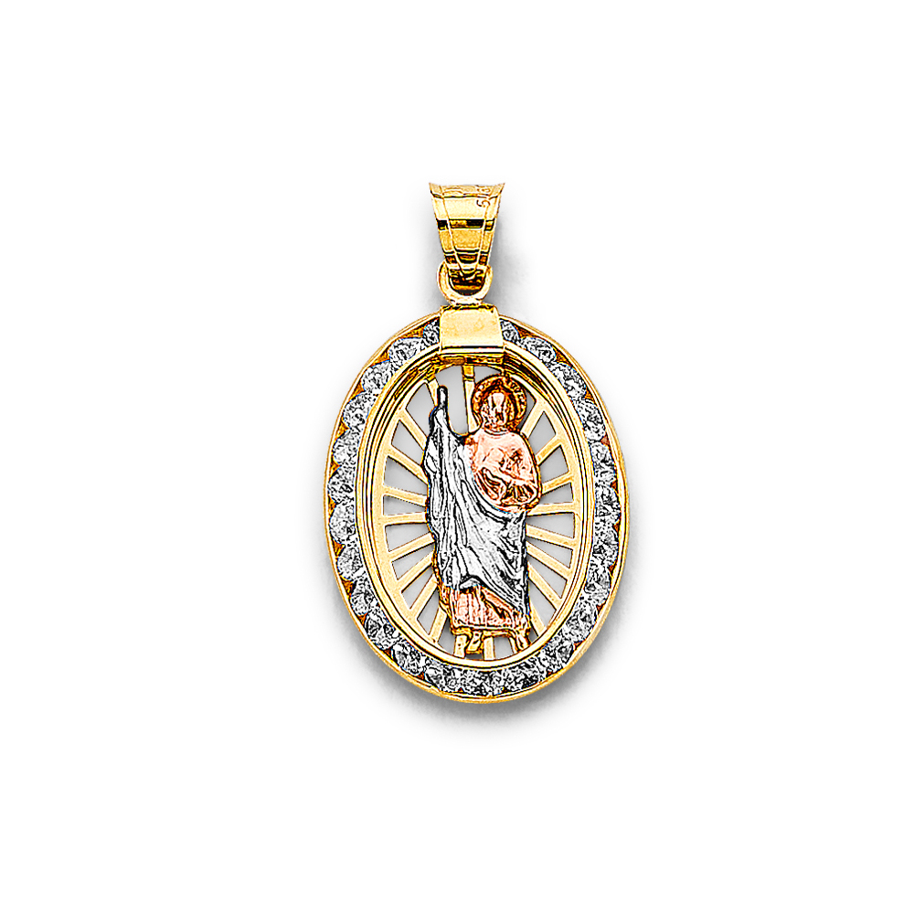 14K Tri Color Gold Cubic zirconia Oval St. Jude Thaddeus Pendant