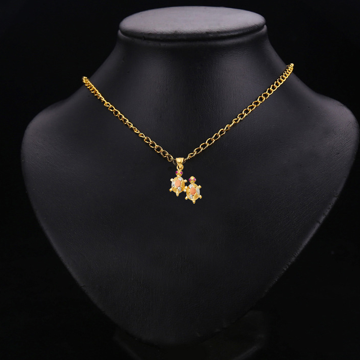14K Tri Color Yellow Rose White Gold Twin Turtle Pendant 22mm x 20mm