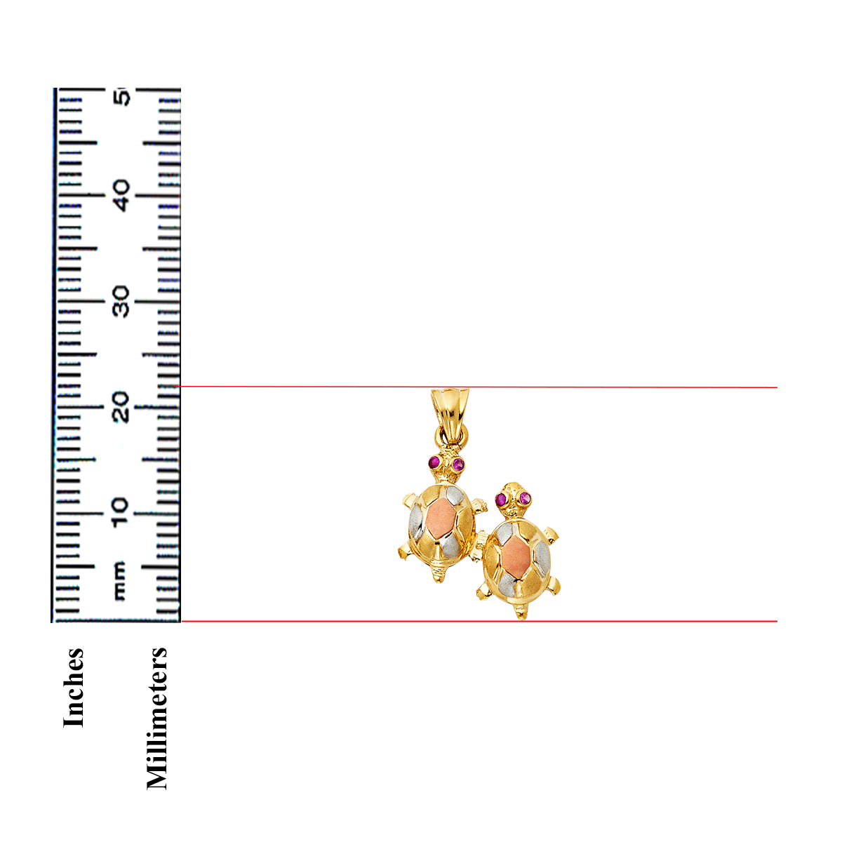 14K Tri Color Yellow Rose White Gold Twin Turtle Pendant 22mm x 20mm