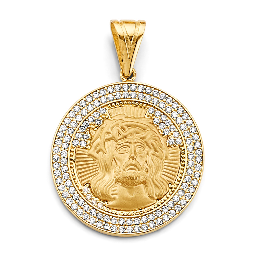 14K Yellow Gold cubic zirconia Round Jesus Face Pendant
