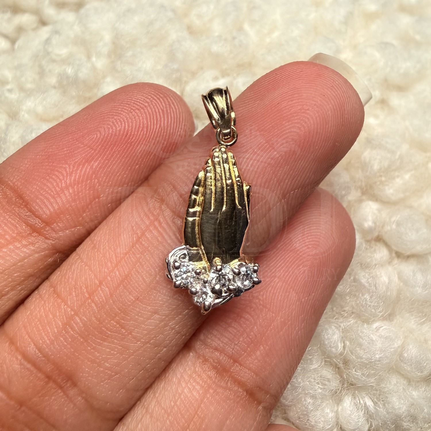 14K Two Tone Gold Cubic zirconia  Praying Hands Pendant