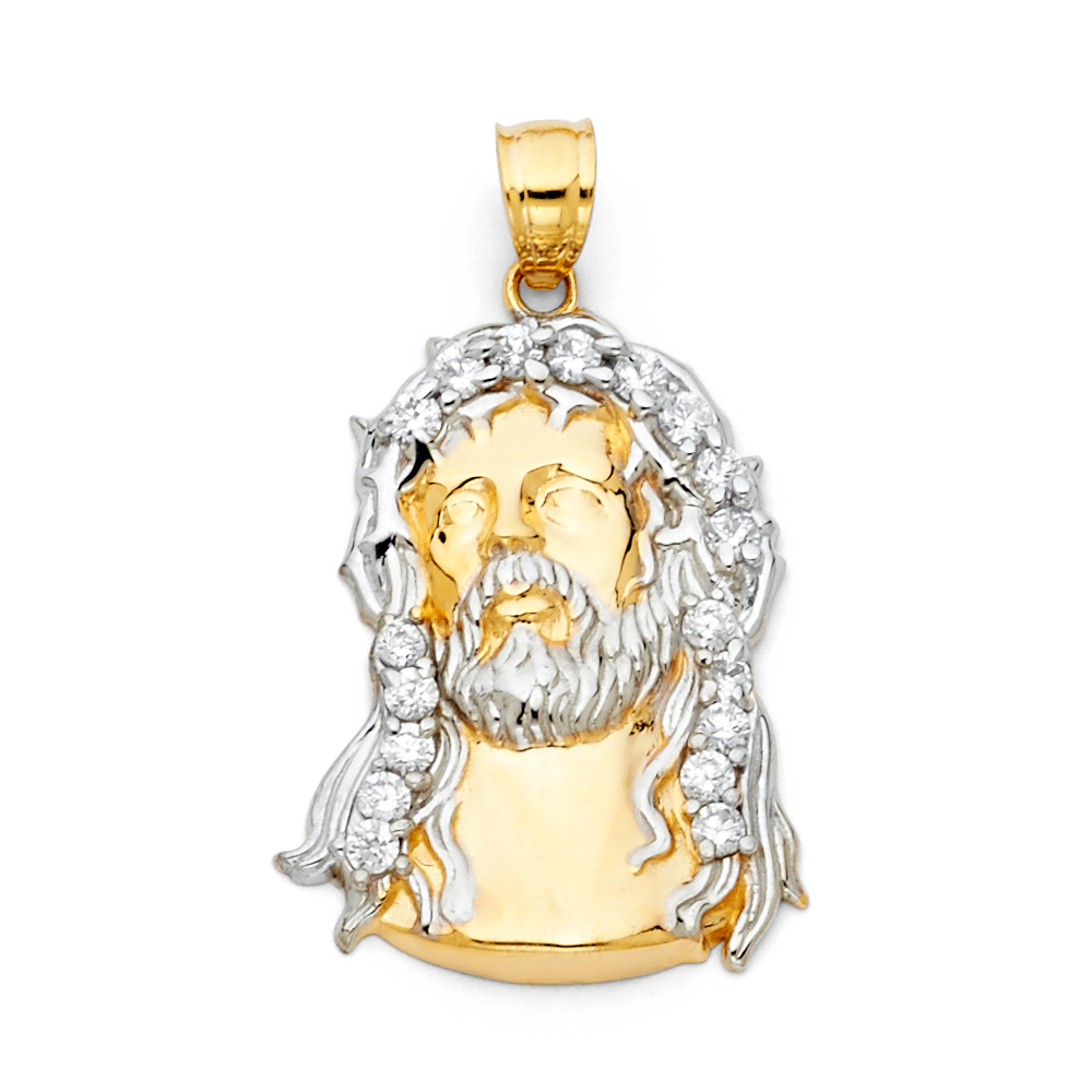 14K Two Tone Gold cubic zirconia Jesus Christ Head Pendant