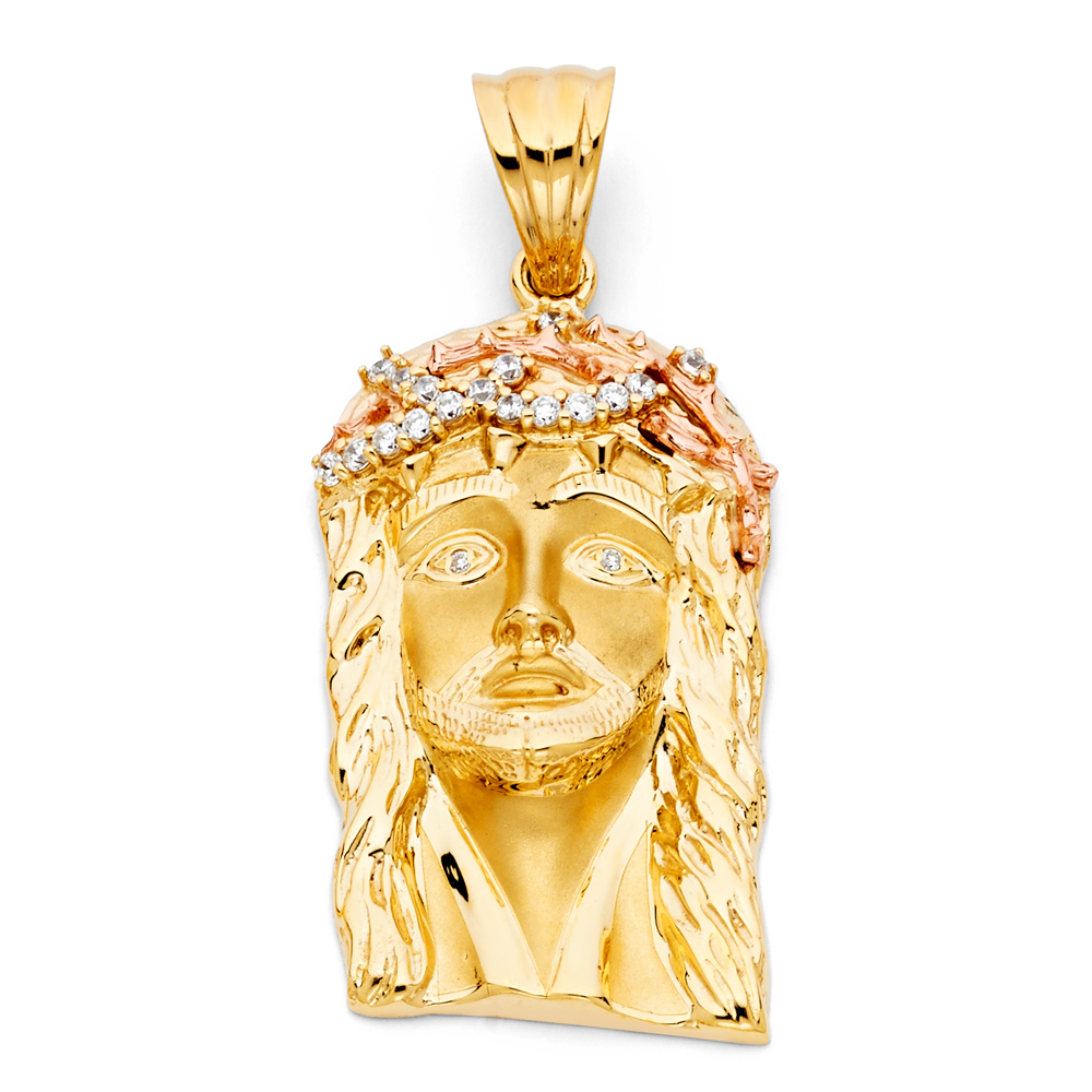 14K Two Tone Gold cubic zirconia Jesus Christ Head Pendant