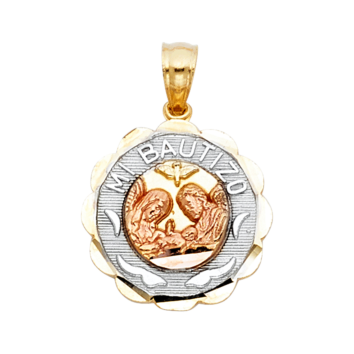 14K Tri Color Gold Religious Mi Bautizo Pendant Round  Pendant