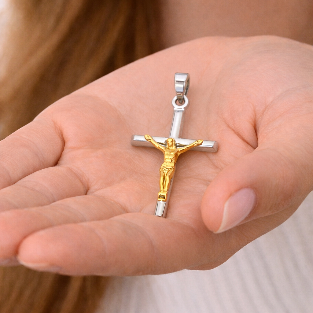 14K Two Tone Yellow and White Gold Crucifix Pendant - Suitable for Men & Women - 32 mm X 21 mm