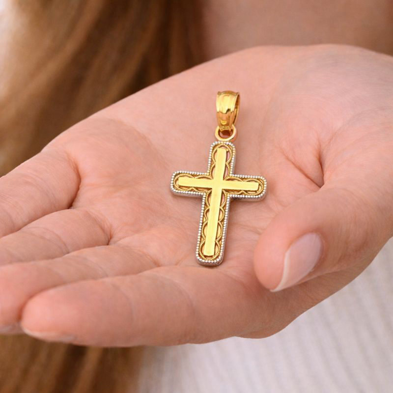 14K Two Tone Gold Cross Religious Pendant - 21 mm X 15 mm