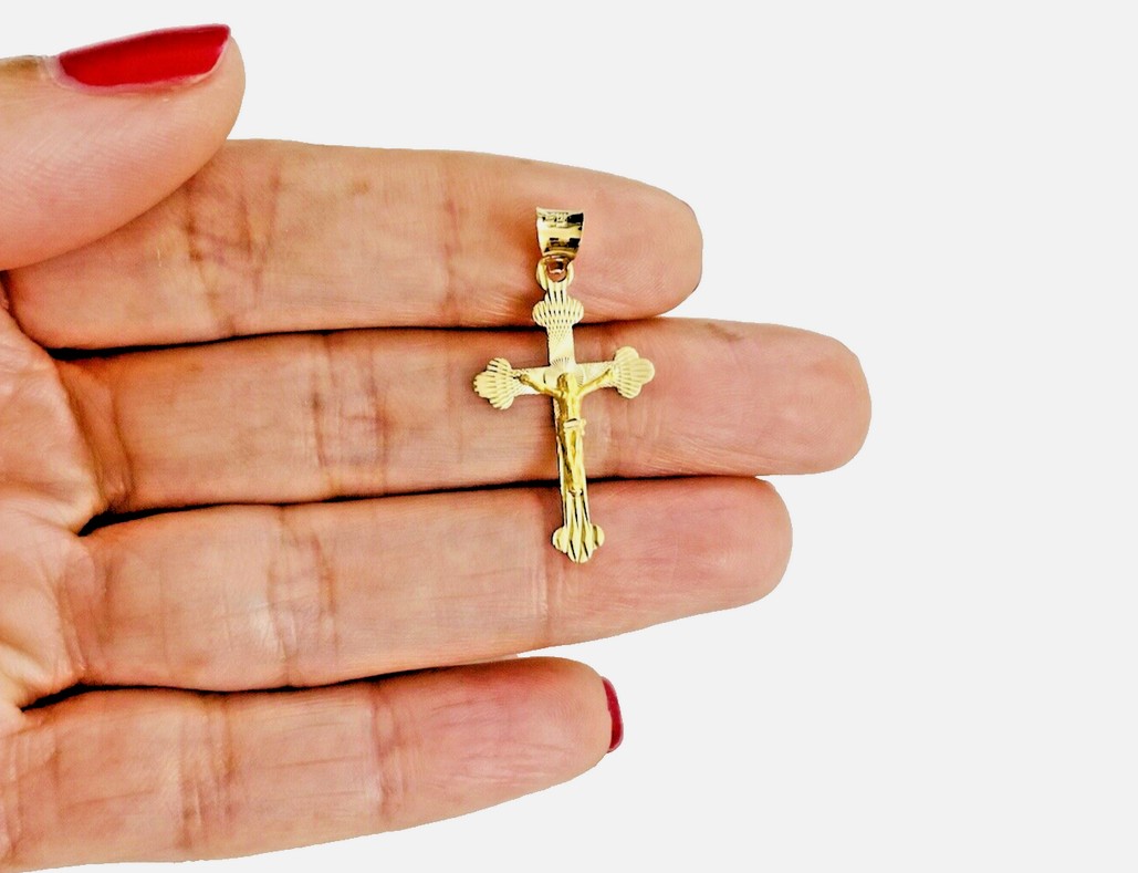 14K Solid Gold Jesus Christ Cross Pendant - 1.1" Diamond Cut Crucifix