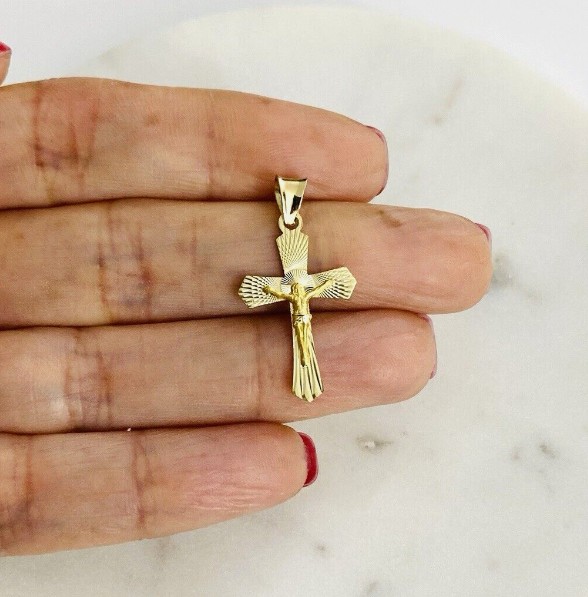 14K Solid Gold 1.06" Diamond Cut Jesus Christ Crucifix Cross Pendant