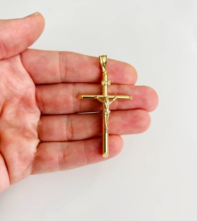 14K Real Yellow Gold Jesus Christ Crucifix Cross INRI Pendant