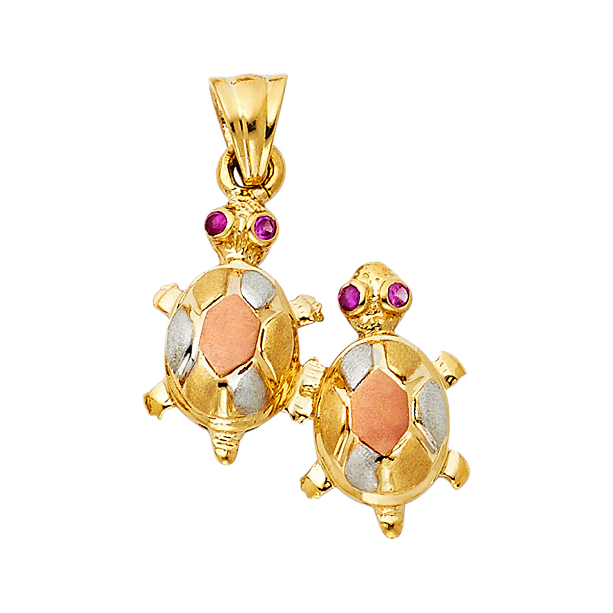 14K Tri Color Yellow Rose White Gold Twin Turtle Pendant - 22mm x 20mm
