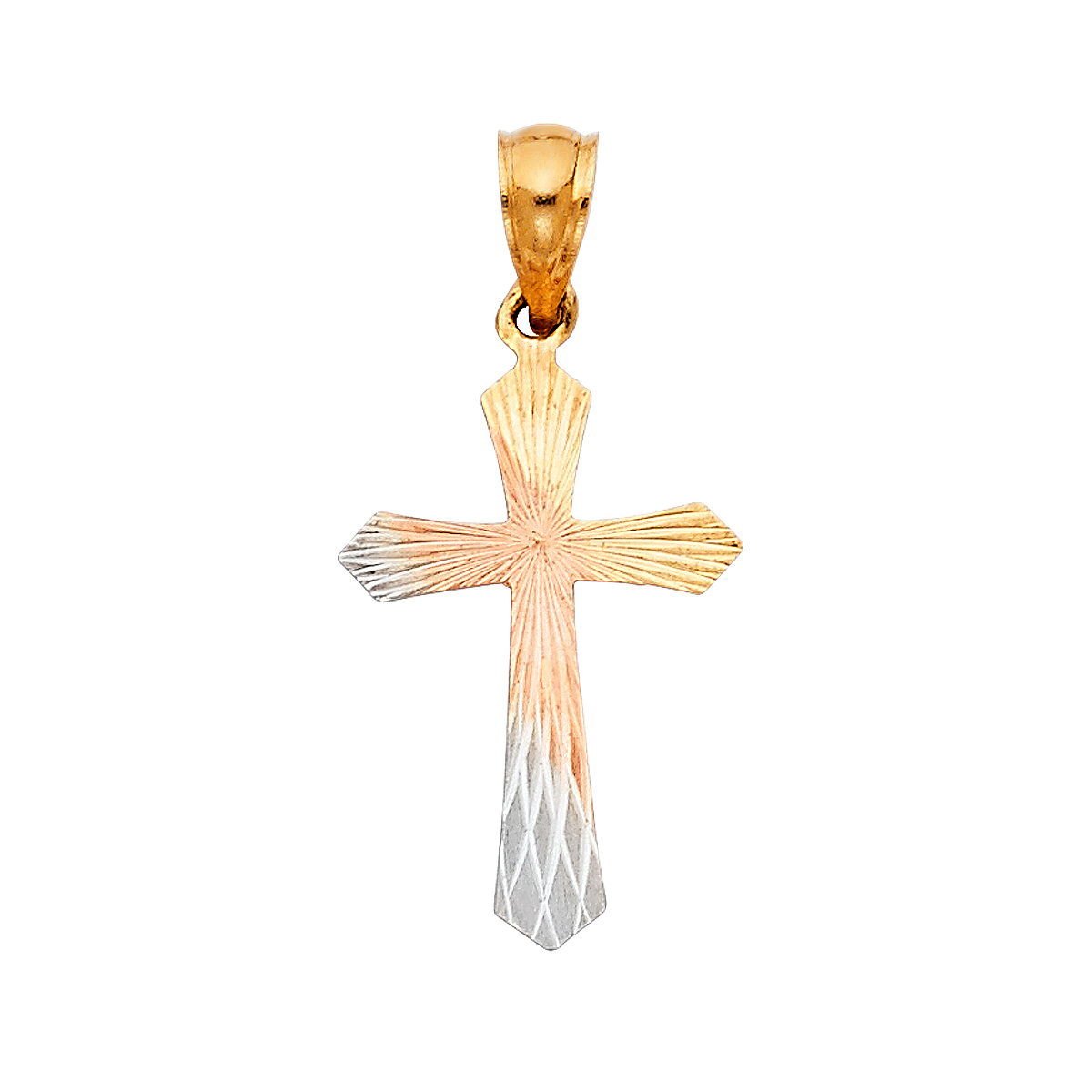 14K Tri Color Yellow Rose White Gold Religious Cross Stamp Pendant - 22 mm x 15 mm